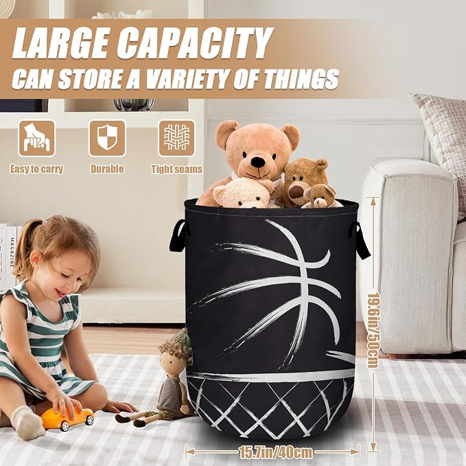 Black Basketball Laundry Basket, Foldable Sport Ball Theme Laundry Hamper Tote - Image 2