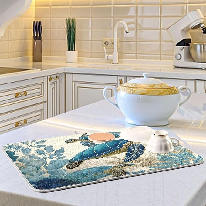 Watercolor Sea Turtle Dish Drying Mat Super Absorbent Drying Mat 16x18 inch - Image 6