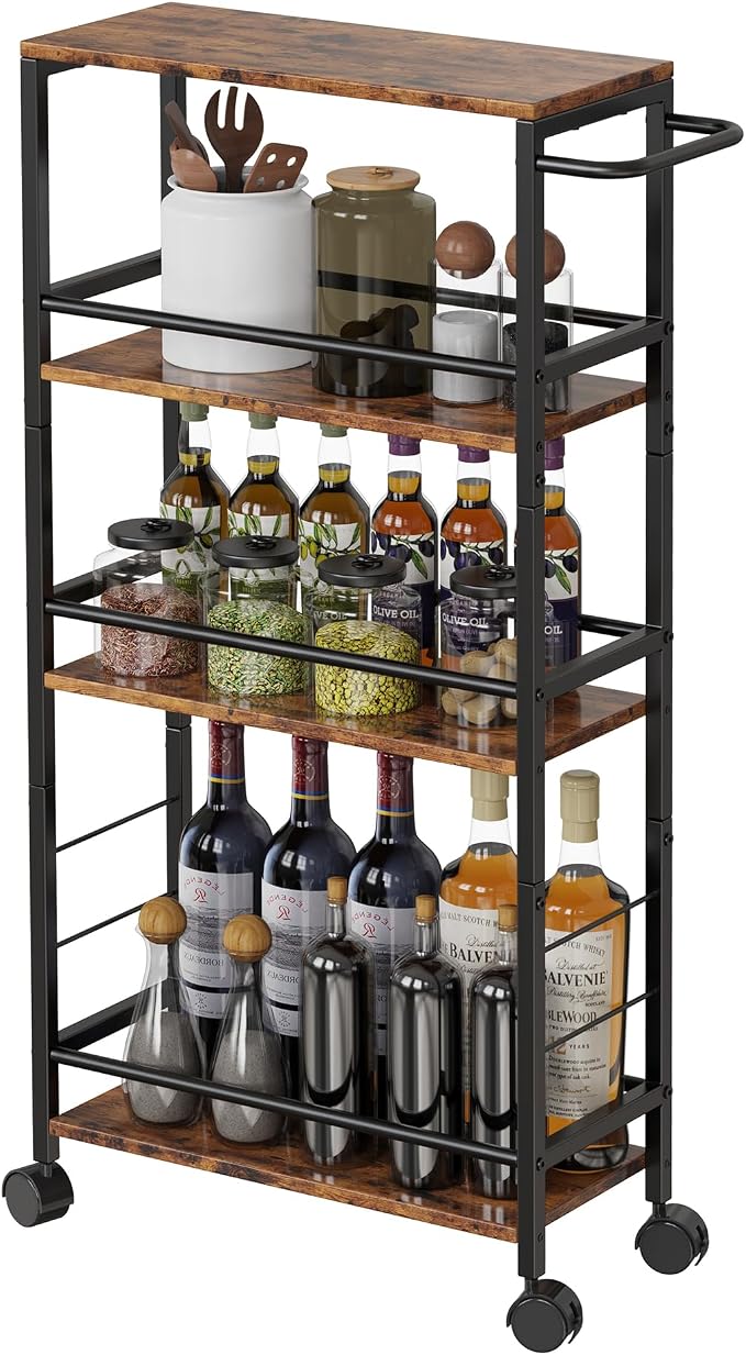 Slim Rolling Cart, 4-Tier Kitchen Storage Rolling Cart, Narrow Cart by Lifenite