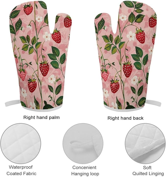 Peach Strawberry Print Oven Mitts and Pot Holders Sets Heat Resistant Kitchen - Image 5