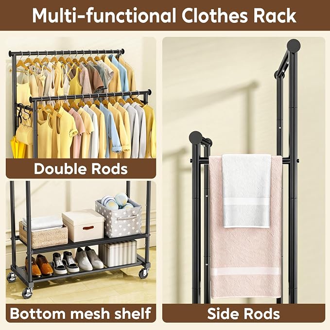 Rolling Clothes Rack with Doule Rod - Image 4