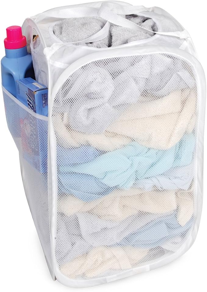 Smart Design Deluxe Mesh Pop Up Square Laundry Hamper w/ Side Pocket & Handles by PROMART