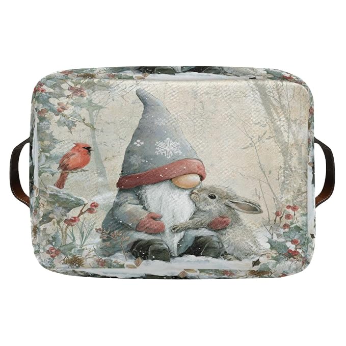 White Rabbit Gnome Christmas Print Rectangular Storage Bin Basket - Image 8