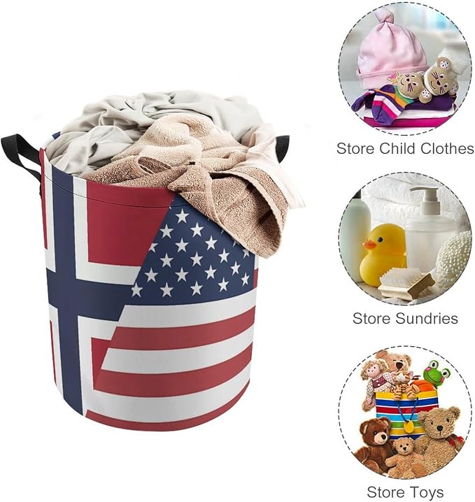 U.S. Norway Flag Round Laundry Bag Collapsible Storage Hamper Basket - Image 3