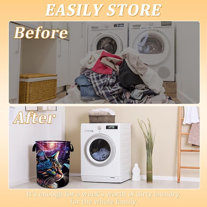 Cat Galaxy Space Laundry Basket, Foldable Waterproof Oxford Cloth Purple - Image 3
