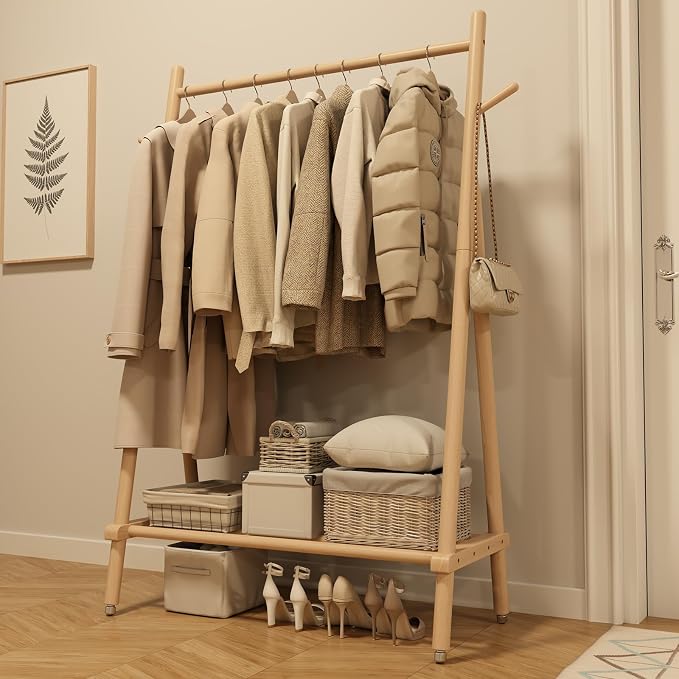 Solid Wood Clothing Rack, Rolling Clothes Rack by Muwuele