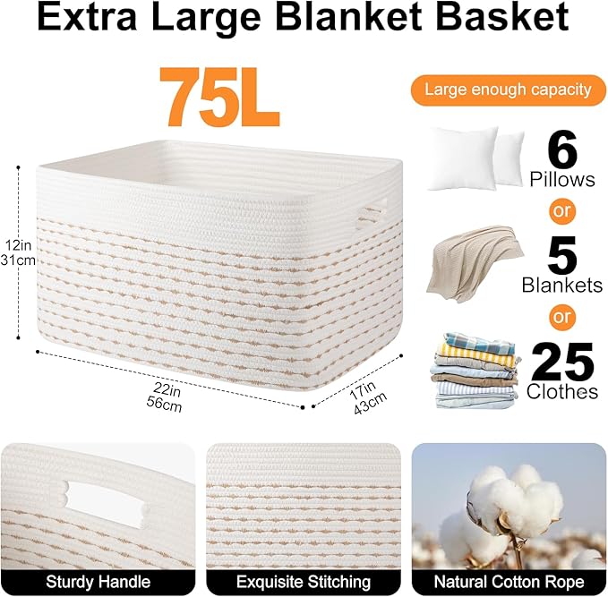 OIAHOMY 75L Blanket Basket, Woven Cotton Rope Basket - Image 2
