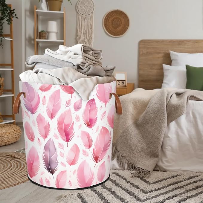 Pink Feather Laundry Basket Waterproof Collapsible Hamper - Image 8
