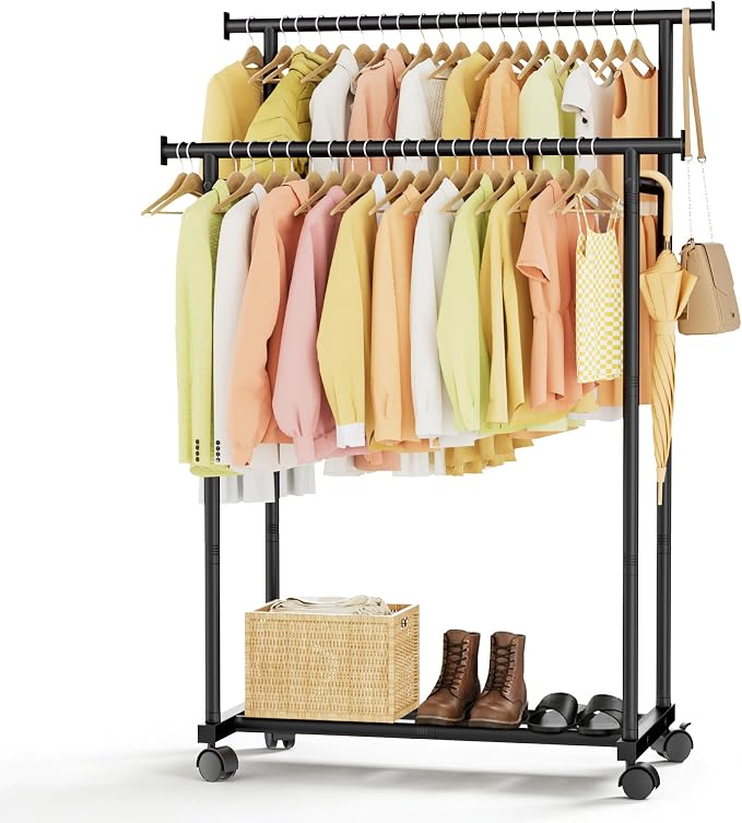 Double Rods Clothes Rack with Wheels, Rolling Clothing Rack by Unknown