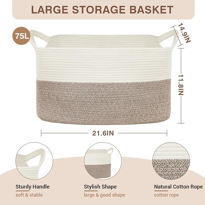 YOUDENOVA Nursery Storage Basket，21.6''×14.9''×11.8'' Rectangle Cotton Rope - Image 2