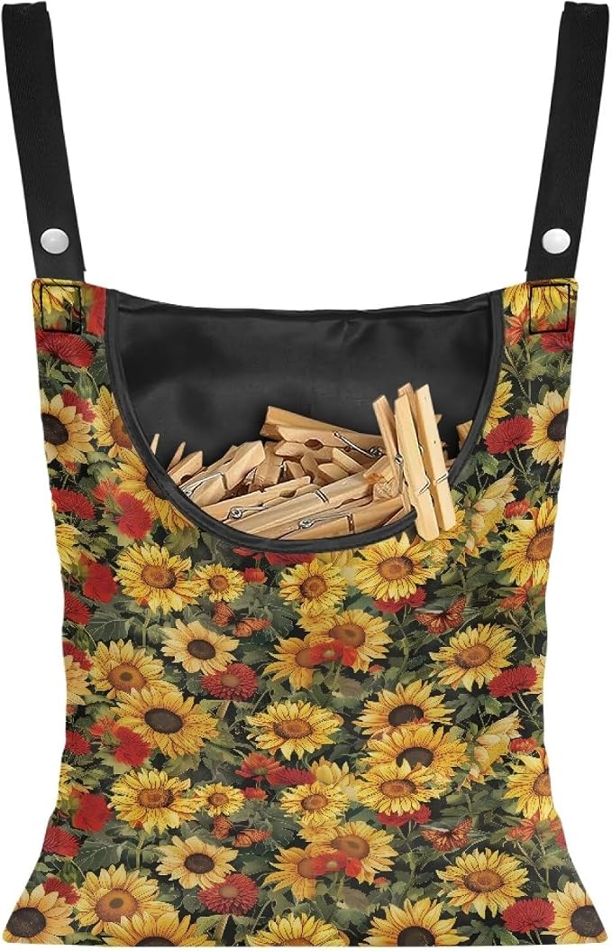 Sunflowers Clothespin Bag with Large Opening, Clothespin Storage Bag Laundry by Psesaysky