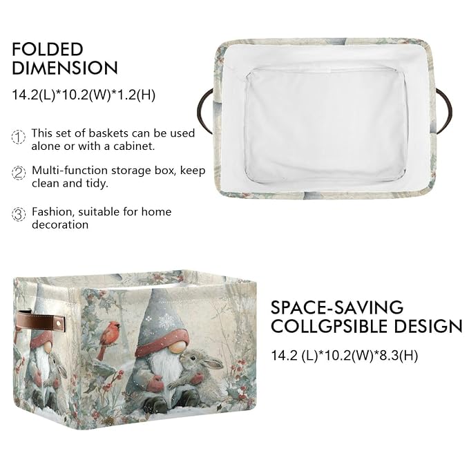 White Rabbit Gnome Christmas Print Rectangular Storage Bin Basket - Image 2