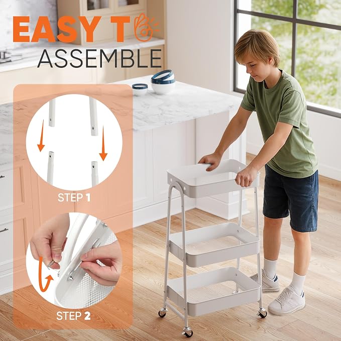Sekey 3 Tier Rolling Cart, Hanging Cups, Heavy Duty Mesh Rolling Storage Cart - Image 3