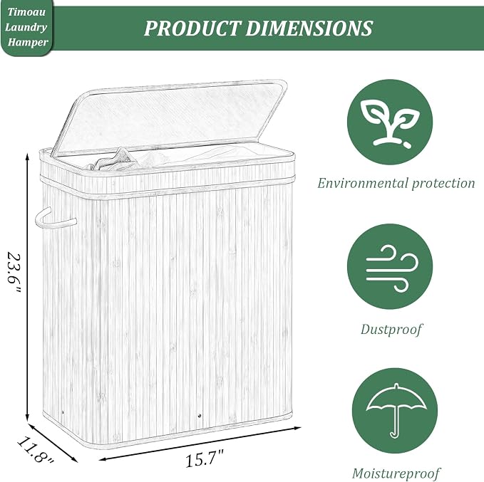72L Laundry Hamper with Lid, Bamboo Laundry Basket with Removable Liner Bag - Image 2