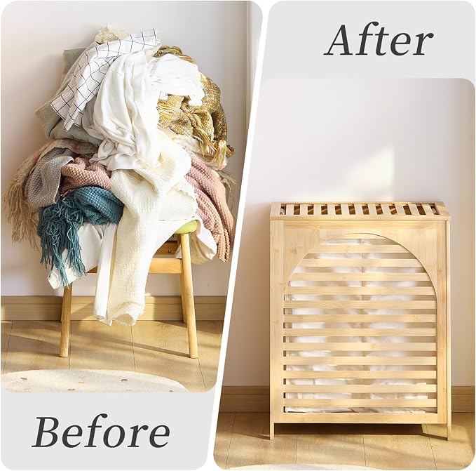 Laundry Hamper with Lid, Bamboo Clothes Laundry Basket with Handles, Removable - Image 8