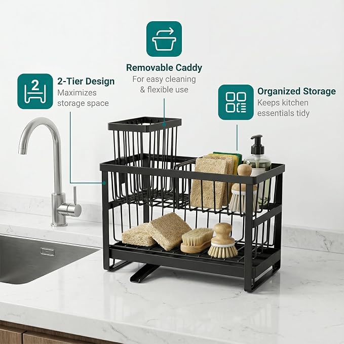 2-Tier Sink Sponge Caddy Organizer | Self Drain Sink Caddy - Image 5