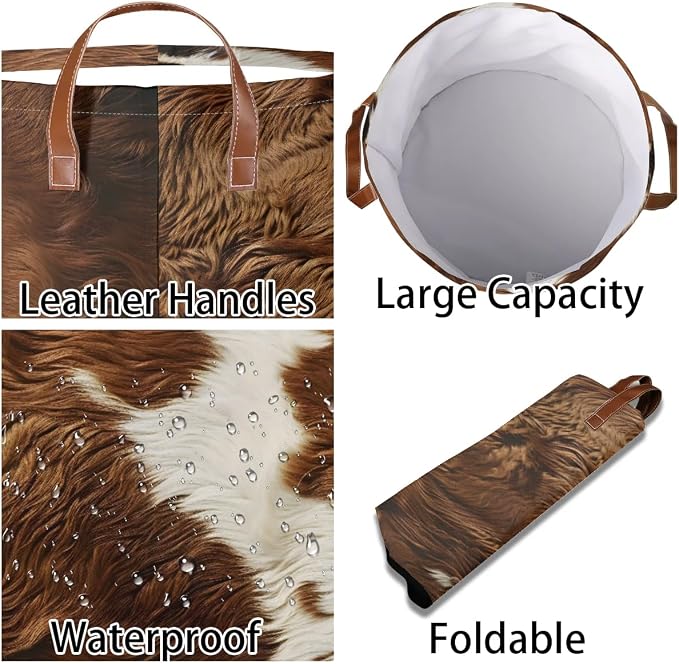 Cow Print Brown Laundry Hamper Waterproof Collapsible Basket - Image 6