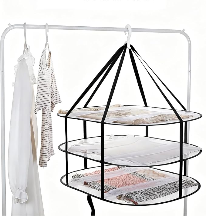3-Tier Folding Mesh Clothes Drying Rack, Stackable Sweater Dryer Rack - Image 8