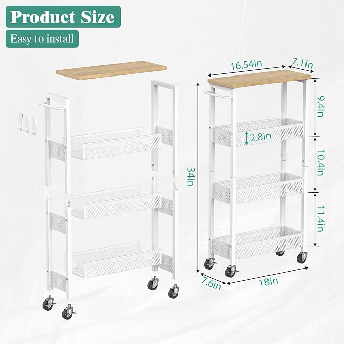 Giwil Slim Rolling Storage Cart 4 Tier Bathroom Organizer Mobile Shelving Unit - Image 6