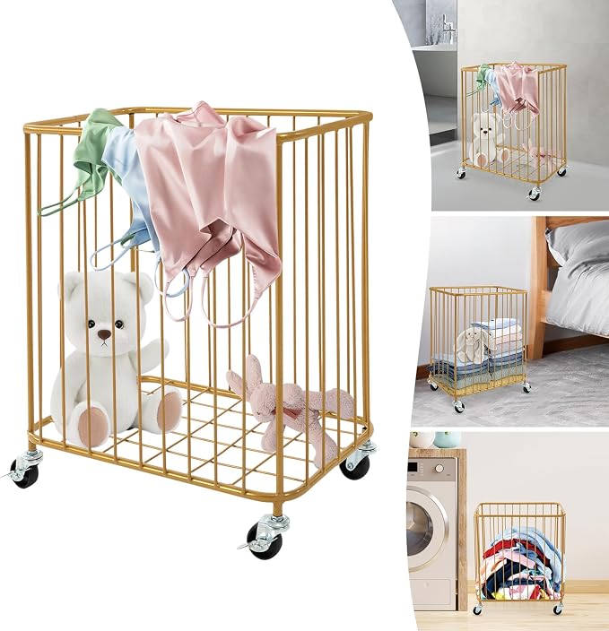Metal Laundry Basket w/Wheels & Brakes Large Rolling Laundry Cart - Image 9