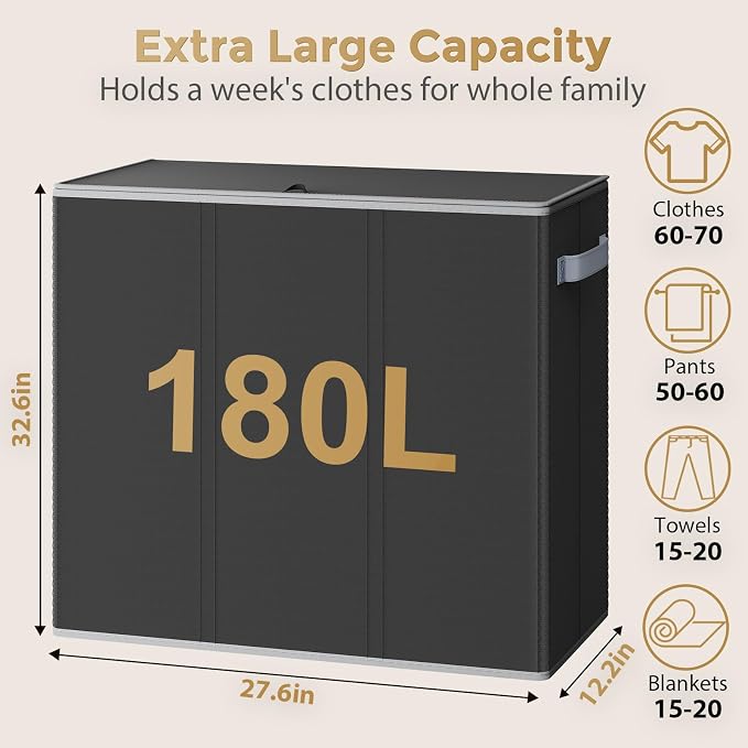 180L Laundry Hamper 3 Section, Large Laundry Hamper - Image 2