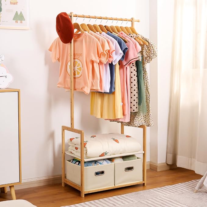 Kids Clothing Rack Bamboo with 2 Storage Baskets and 2 Adjustable Hanging Rods - Image 8