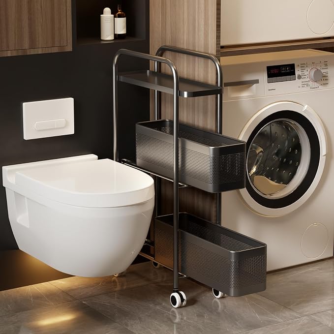 Slim Storage Cart 3 Tier with Pull Out Metal Basket Bathroom Organizer Rolling by CABTE
