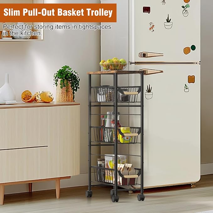 4-Tier Slim Rolling Cart with Pull-Out Baskets & Wooden Top — Narrow Mobile - Image 2