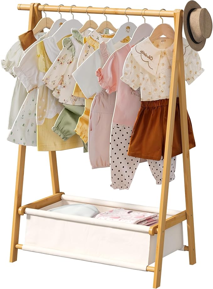 FILWH Bamboo Clothes Rack with Storage Box Foldable Garment Holder Coat Rack by FILWH