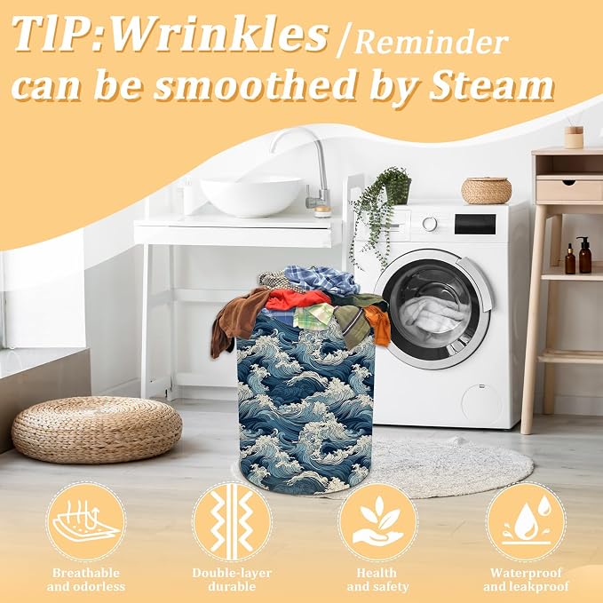 Vintage Sea Wave Laundry Basket, Foldable Waterproof Oxford Cloth Laundry - Image 5