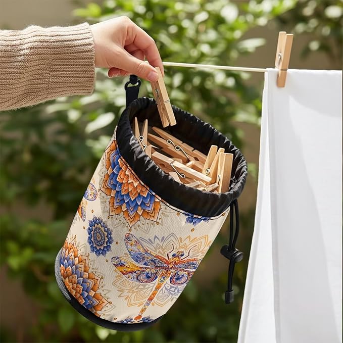 Clothespin Storage Bag with Hooks & Drawstring Closure Bohemian Mandala - Image 4