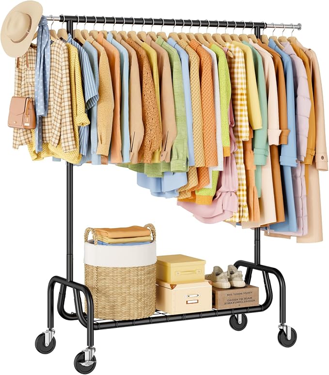 Heavy-duty Clothing Rack with Wheels, Rolling Clothes Rack with Shelf, Clothes by JIEJIERUI