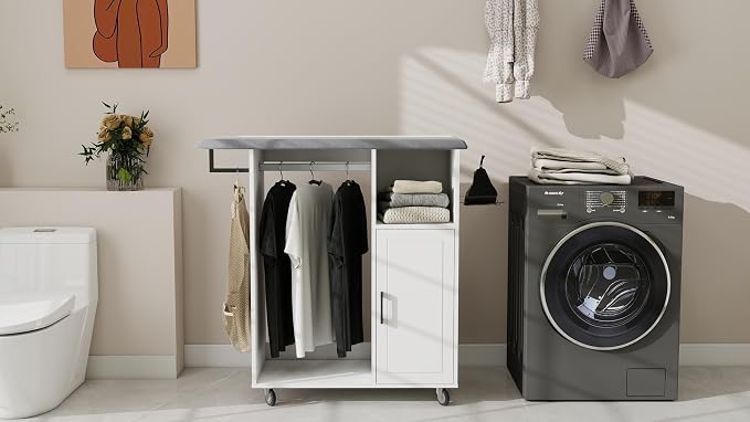 Rolling Ironing Station with Built-in Ironing Board, Foldable Ironing Cabinet - Image 8