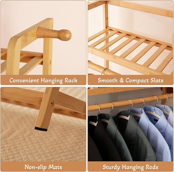 Bamboo Garment Rack 9 Tier Storage Shelf Coat Clothes Hanging Rack, Portable - Image 7
