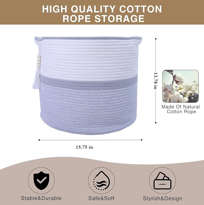 Large Woven Rope Laundry Hamper, Cotton Rope Storage Basket - Image 6
