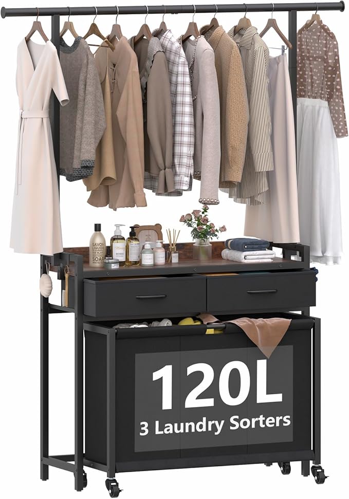 Laundry Sorter Hamper with Hanging Cloth Rack, Laundry Basket with 3 Section by STIKELY