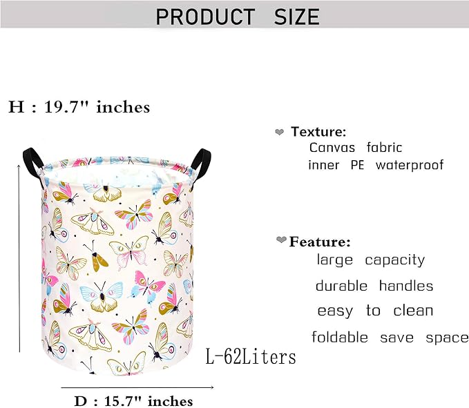 KUNRO Round Spring Butterfly Laundry Gift Basket Storage Hamper, Clothes - Image 2