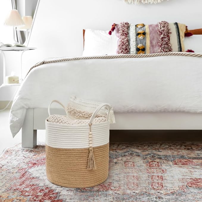 Mkono Woven Storage Basket Decorative Rope Basket Wooden Bead Decoration - Image 9