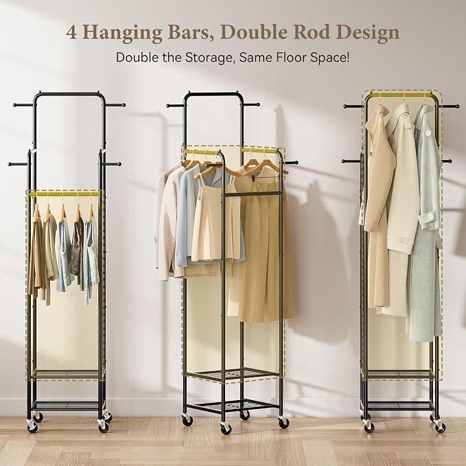 Chrislley Clothes Rack with Wheels, Small Rolling Garment Rack, 4 Hanging Rods - Image 4