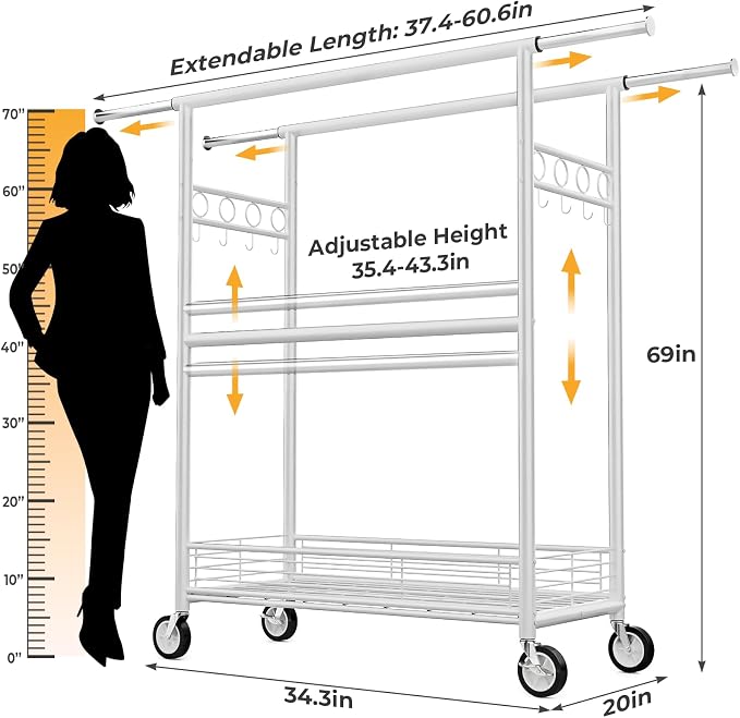 Heavy Duty Clothes Rack Load 960LBS, Three Rods Rolling Clothing Racks - Image 5