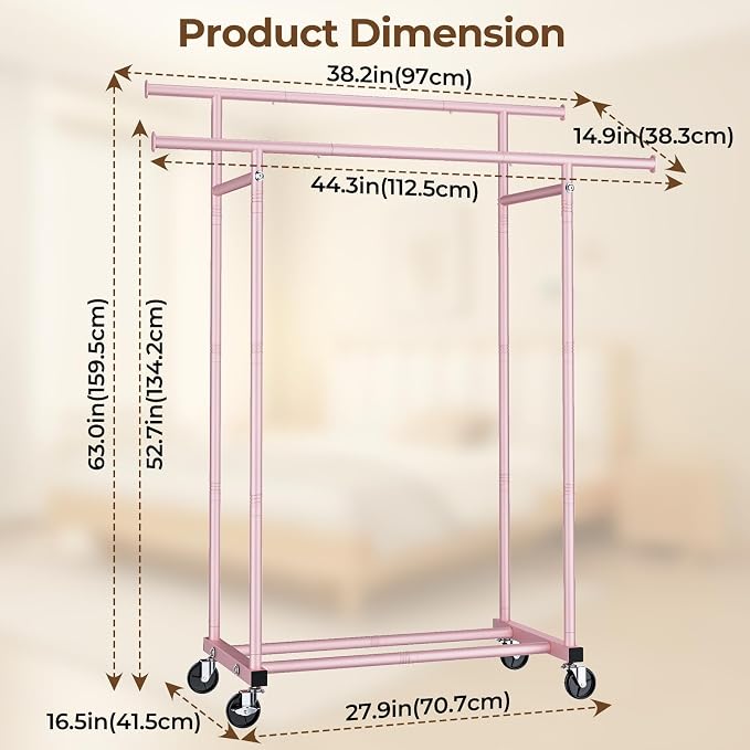 Double Rods Clothes Rack, Sturdy Rolling Clothing Rack, Portable Clothing Racks - Image 7