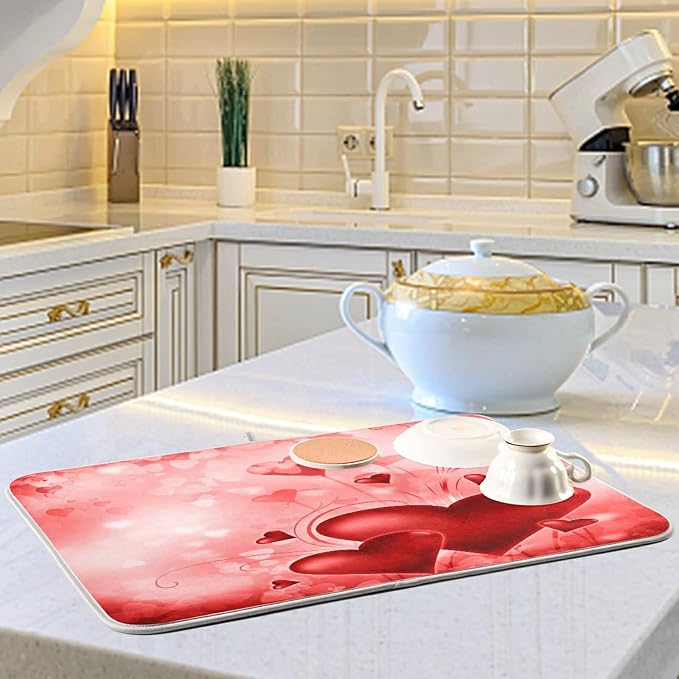 Valentines Red Hearts Dish Drying Mat Absorbent Washable Protector Drying Pad - Image 6