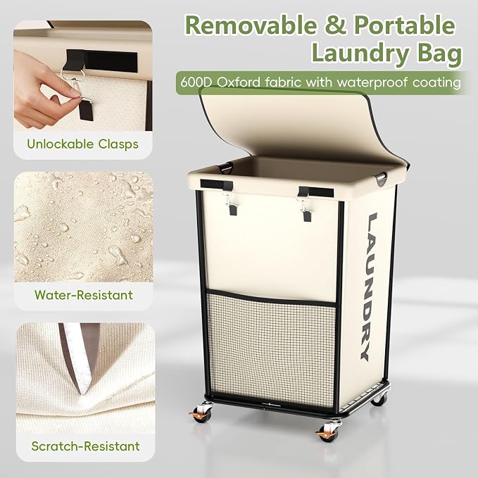 150L Laundry Basket with Wheels, Rolling Laundry Hamper with Cloth Cover - Image 6