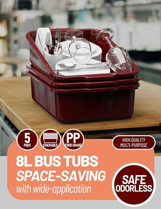 5-Pack Commercial Bus Tubs Box/Tote Box, Wine Red Plastic Storage Bin - Image 5
