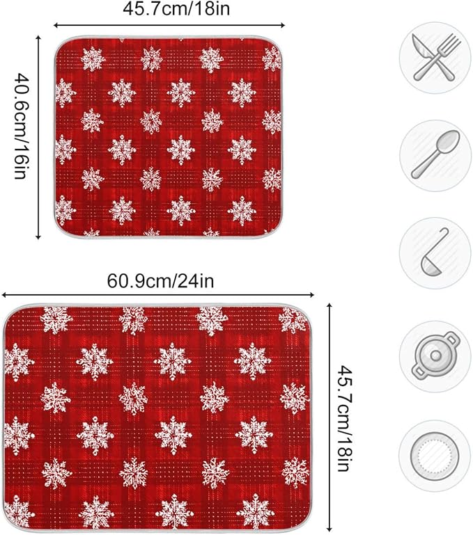 White Snowflake Pattern on Red Dish Drying Mat Super Absorbent Drying Mat 18x24 - Image 3