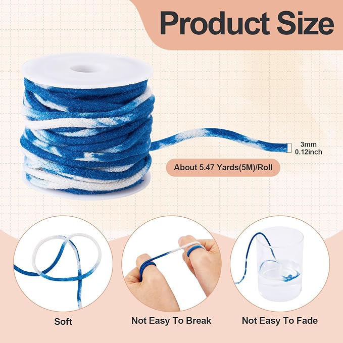 FASHEWELRY 5.46 Yards Natural Macrame Cotton Cord Marine Blue Tie-Dyed Braided - Image 5
