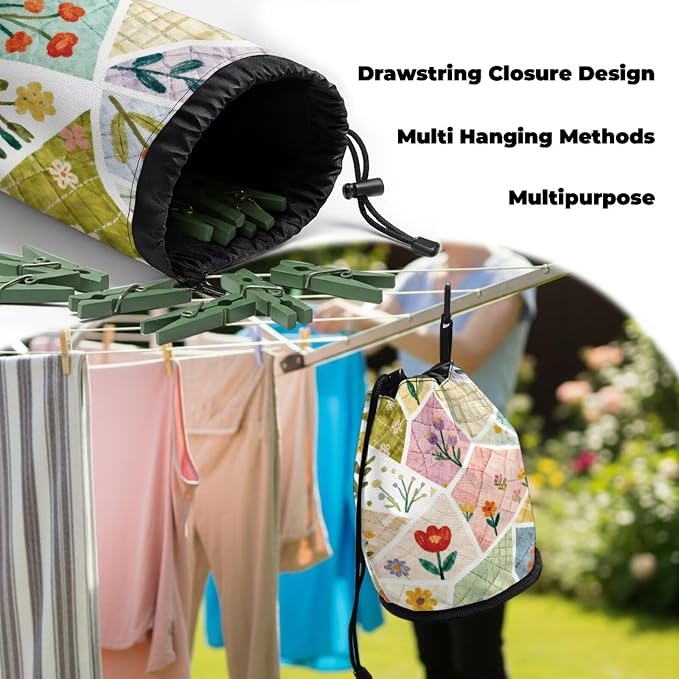 Clothespin Bag Holder Outside, Patchwork Floral Print Multiple Hanging Methods - Image 6
