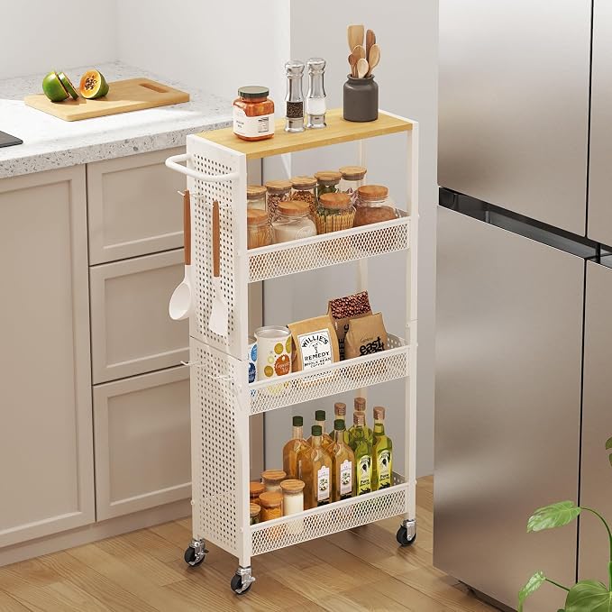 Utility Slim Storage Cart 4 Tier Small Rolling Kitchen Laundry Room by Beeowner