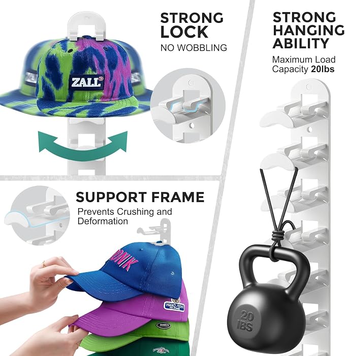 Hat Hook for Wall, 2 Pack Hat Organizer Hold up to 20 Hats, Hat Holder - Image 3