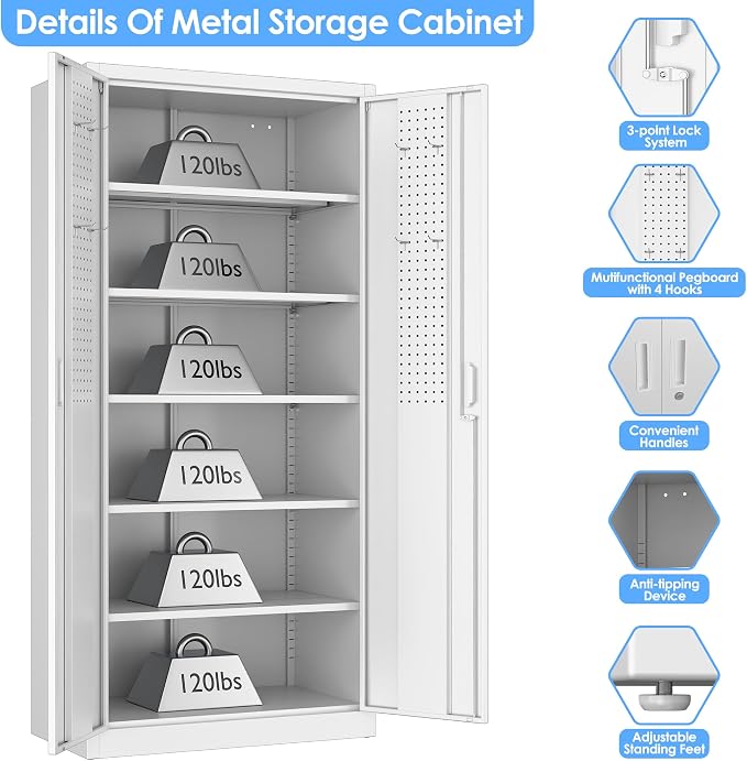 Metal Garage Cabinet with Pegboard and Hooks, Metal Tool Storage Cabinet with 2 - Image 6